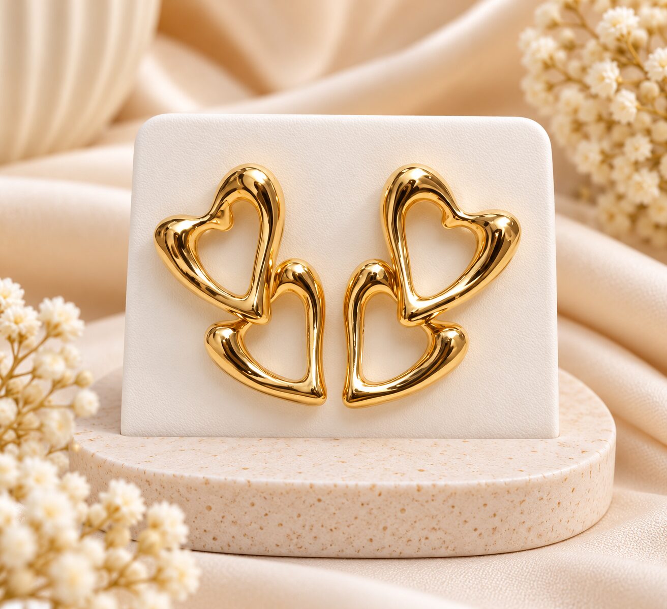 2026/09/1001796155.jpg Double Heart Gold Earrings | Stainless Steel Anti-Tarnish Korean Jewellery - Image 1