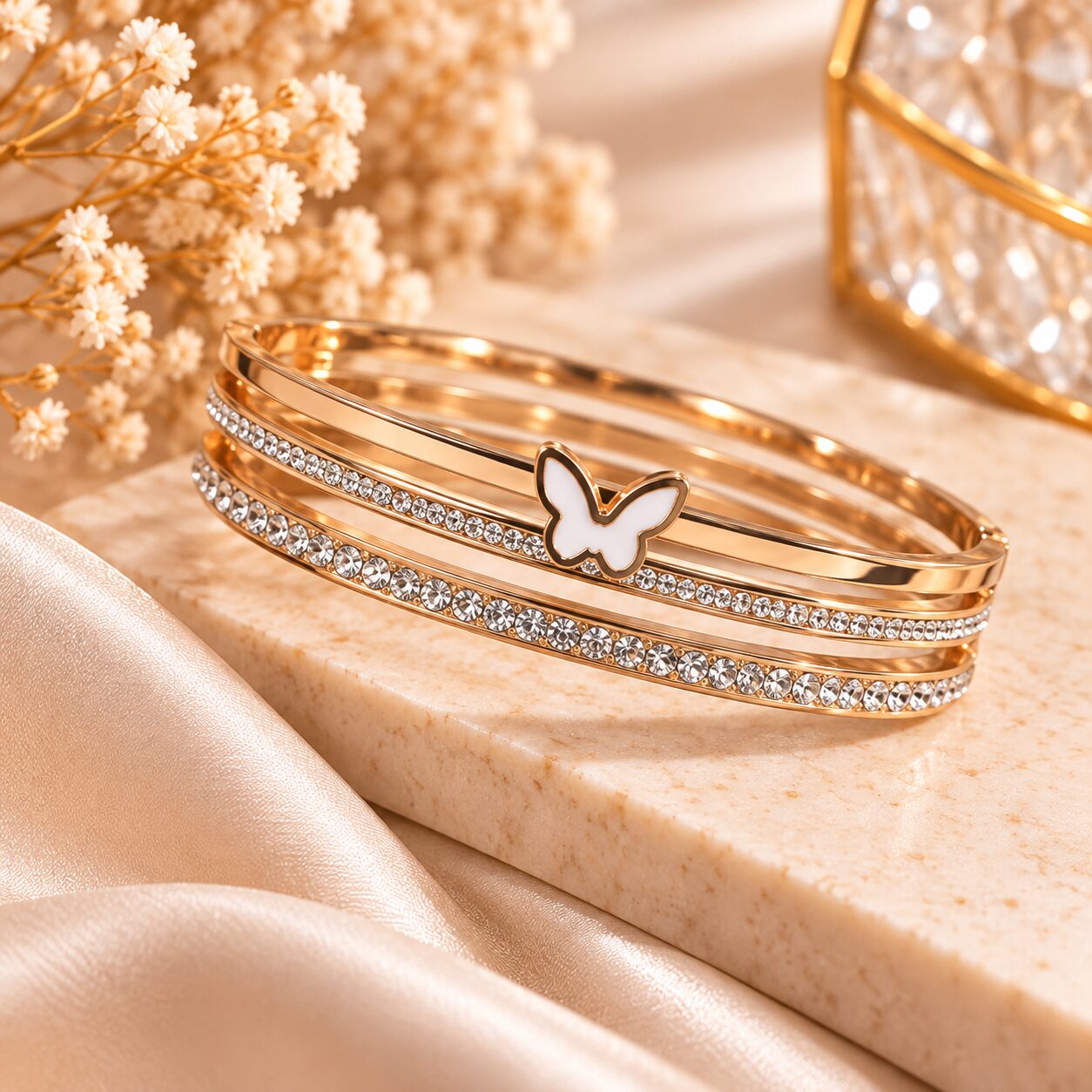 2026/09/1001796384.jpg Elegant Butterfly Crystal Bangle | Korean Stainless Steel Anti-Tarnish Bracelet - Image 1