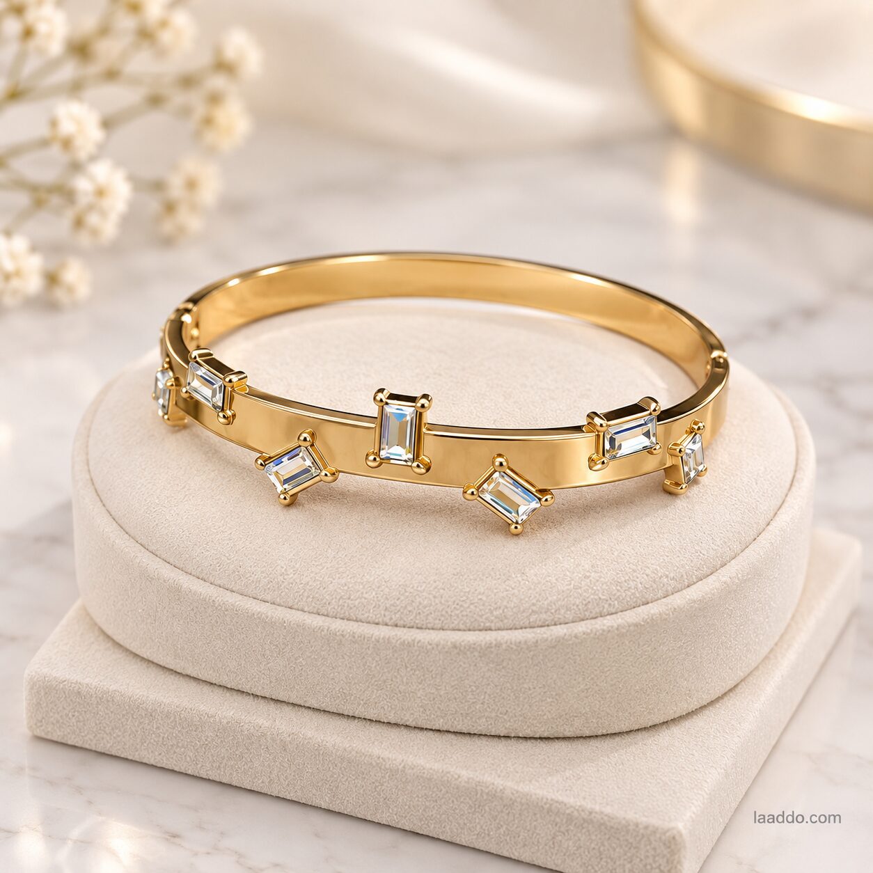 2026/09/1001796421.jpg Premium Gold-Tone Baguette Stone Designer Bracelet | Elegant Statement Bangle - Image 1