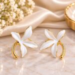 Premium White Floral Enamel Earrings with Gold Finish | Korean Designer Earrings
