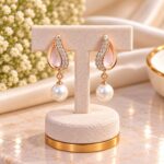 Premium Rose Gold Pearl Drop Earrings with Crystal Detailing | Korean Designer Earrings
