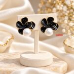 Black Enamel Flower Pearl Stud Earrings | Korean Style Gold Finish