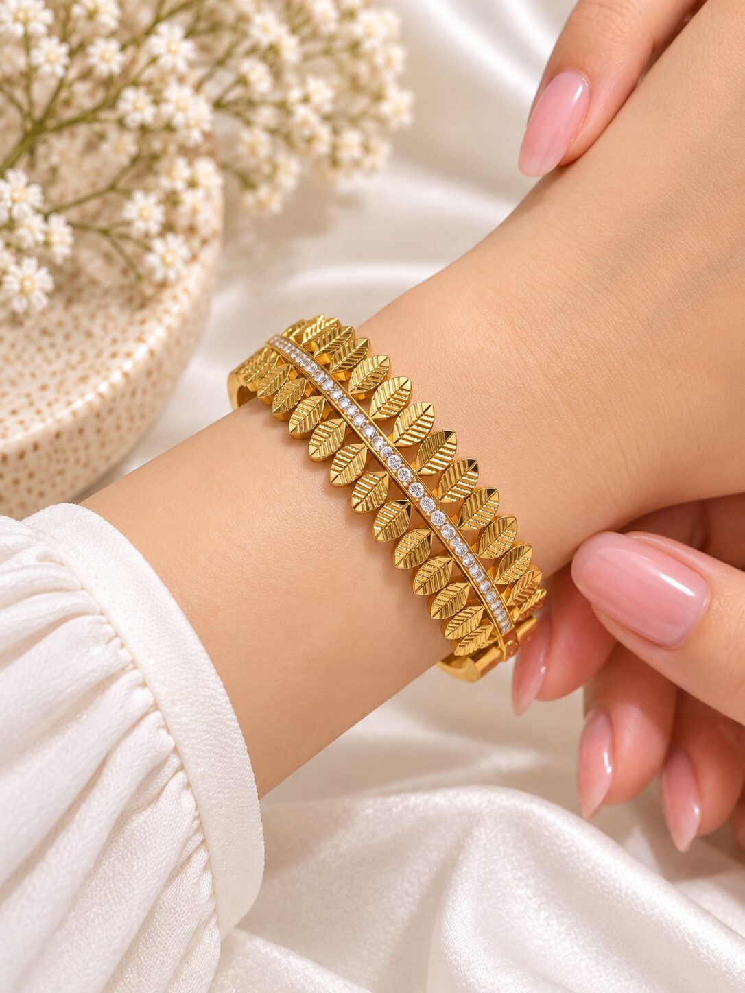 2026/09/1001796884.jpg Gold Leaf Design AD Bracelet | Premium Party Wear Bracelet - Image 1