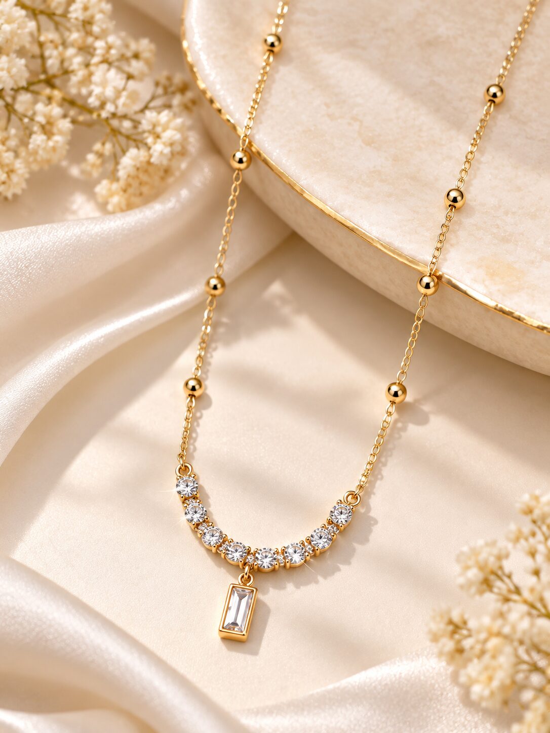 2026/09/1001796893.jpg Gold Beaded AD Pendant Necklace | Elegant Korean Style Necklace - Image 1