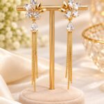 Floral Crystal Drop Earrings with Chain Tassels | Elegant Party Wear Earrings