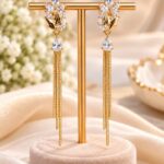 Gold Floral Zircon Long Drop Earrings | Elegant Chain Tassel Party Wear Earrings