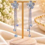 Blue Crystal Flower Drop Earrings | Long Chain Tassel Korean Style Earrings