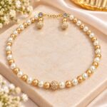 Premium Gold & White Pearl Necklace Set with Crystal Ball Charms – Elegant Designer Jewellery