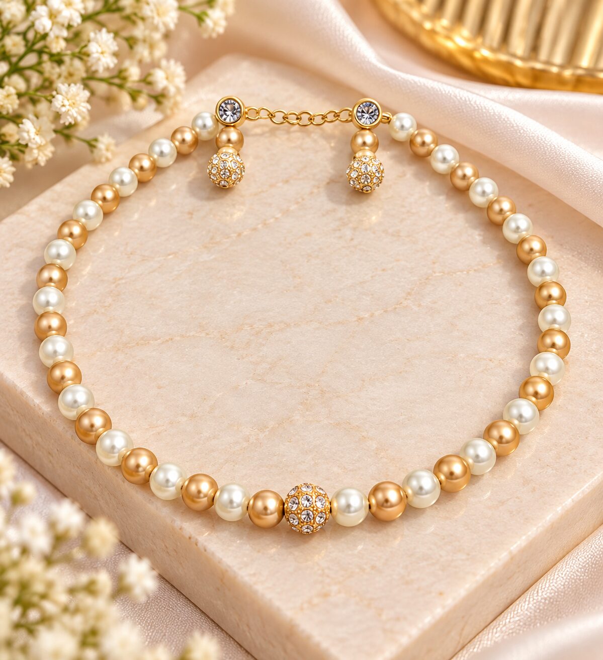 2026/09/1001797365.jpg Premium Gold & White Pearl Necklace Set with Crystal Ball Charms – Elegant Designer Jewellery - Image 1