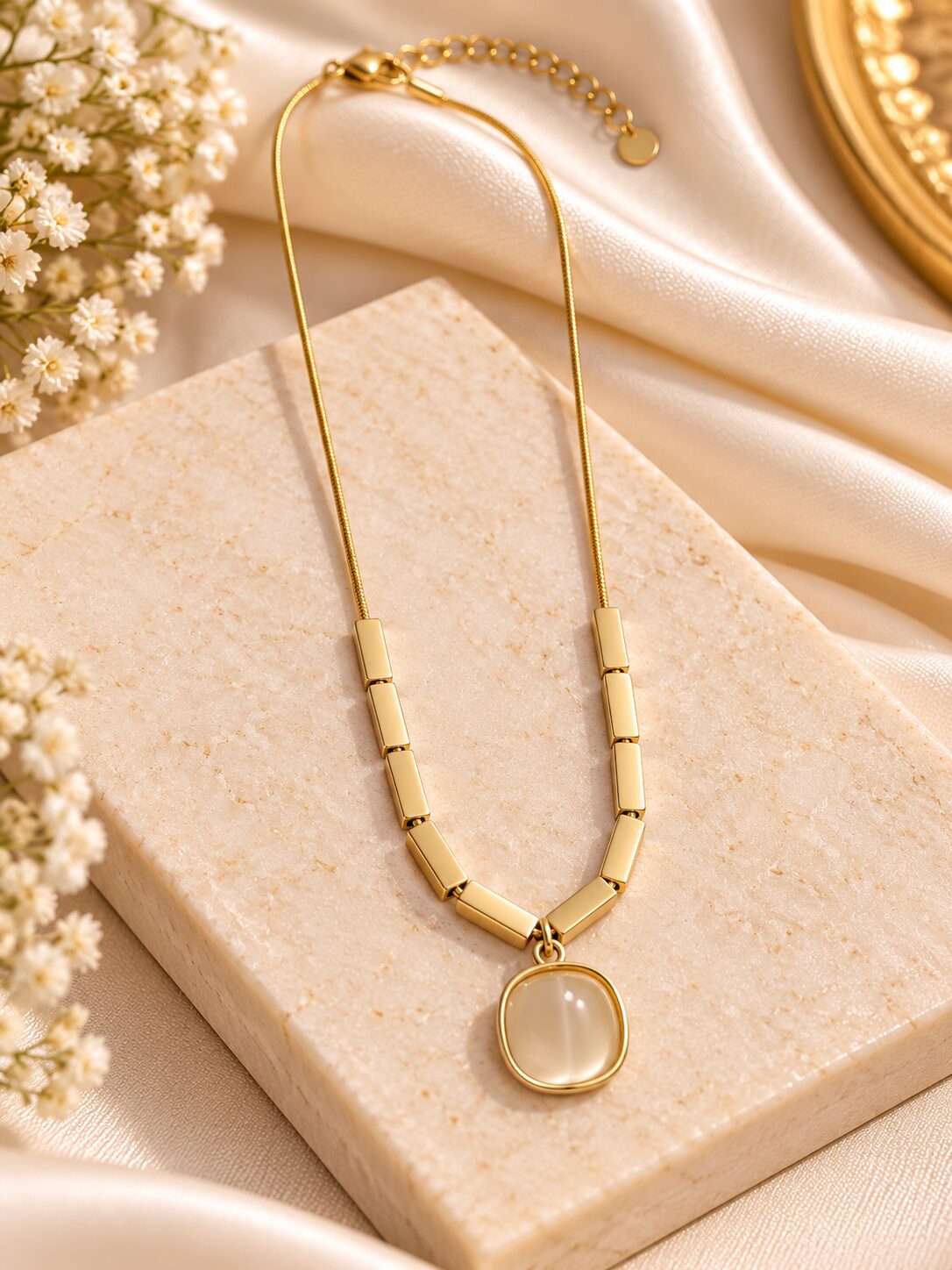 2026/09/1001797367.jpg Premium Gold Geometric Bar Necklace with Elegant Round Pendant – Stylish Anti-Tarnish Necklace - Image 1