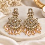 Royal Gold-Tone Kundan Crystal Chandelier Earrings with Peach Teardrop Drops