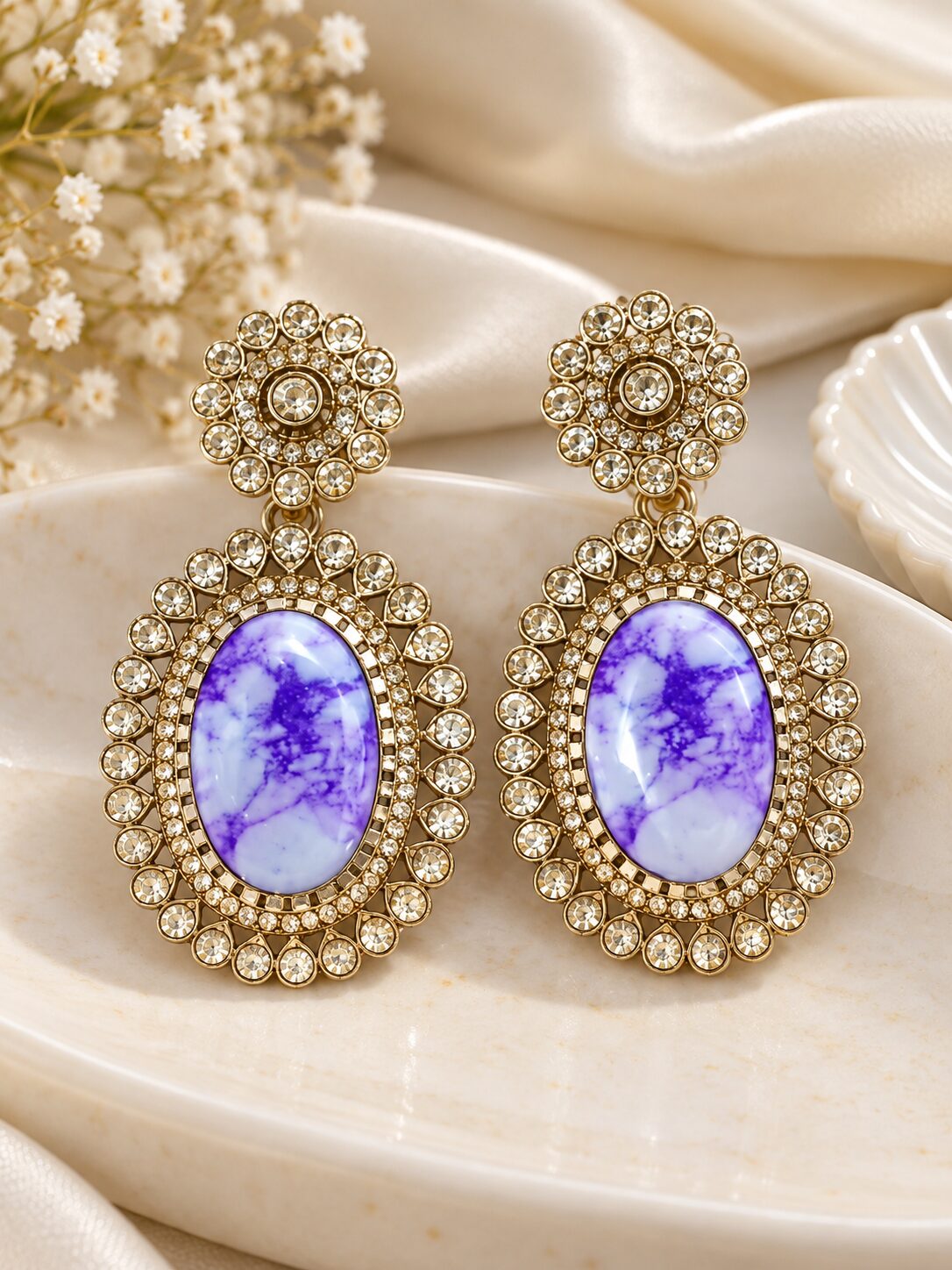 2026/09/1001797735.jpg Lavender Oval Stone Designer Earrings with Crystal Stud Detailing - Image 1