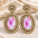 Elegant Pink Marble Stone Gold-Tone Statement Earrings | Designer Party Wear Earrings