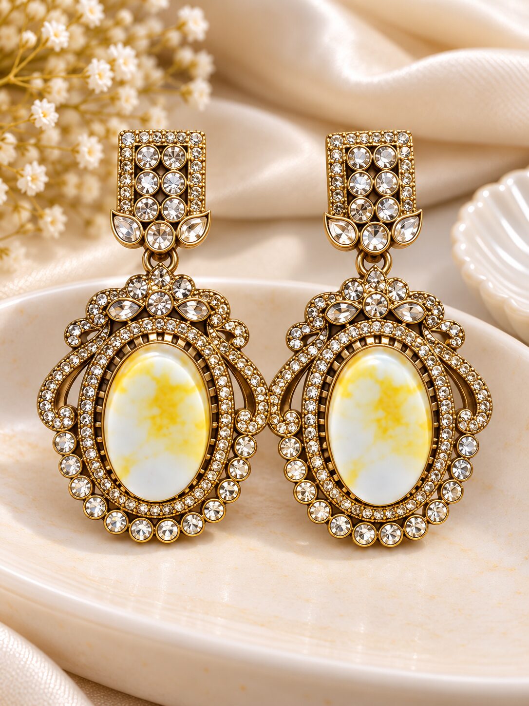 2026/09/1001797741.jpg Elegant Yellow Marble Stone Gold-Tone Statement Earrings | Designer Party Wear Earrings - Image 1