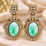 Elegant Green Marble Stone Gold-Tone Crystal Statement Earrings | Designer Drop Earrings