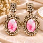 Elegant Pink Marble Stone Gold-Tone Crystal Statement Earrings | Designer Drop Earrings
