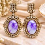 Elegant Purple Marble Stone Gold-Tone Crystal Statement Earrings | Designer Drop Earrings