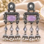 Oxidized Silver Lavender Stone Pearl Jhumka Earrings | Traditional Designer Dangler Earrings
