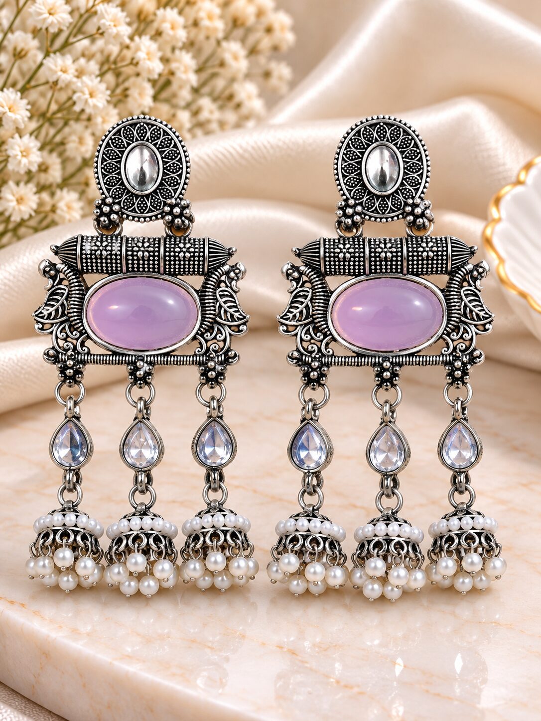 2026/09/1001797750.jpg Oxidized Silver Lavender Stone Pearl Jhumka Earrings | Traditional Designer Dangler Earrings - Image 1