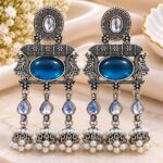 Oxidized Silver Blue Stone Pearl Jhumka Earrings | Designer Statement Dangler Earrings
