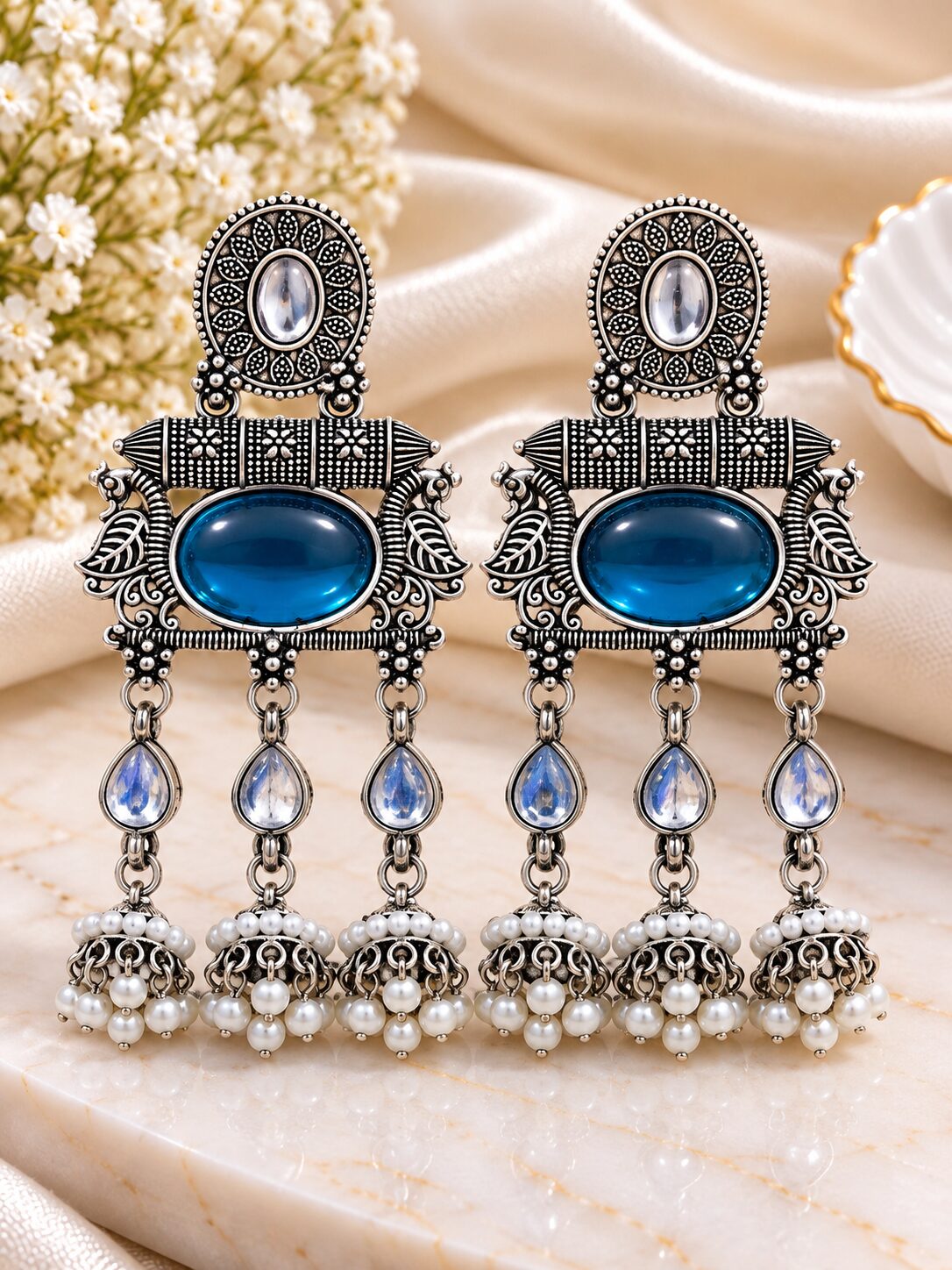 2026/09/1001797765-1.jpg Oxidized Silver Blue Stone Pearl Jhumka Earrings | Designer Statement Dangler Earrings - Image 1