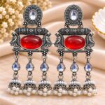 Oxidized Silver Red Stone Pearl Jhumka Earrings | Designer Statement Dangler Earrings