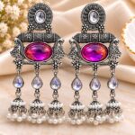 Oxidized Silver Magenta Stone Pearl Jhumka Earrings | Designer Statement Dangler Earrings
