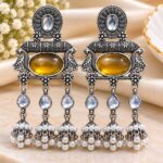 Oxidized Silver Amber Stone Pearl Jhumka Earrings | Designer Statement Dangler Earrings