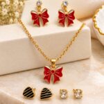 Red Bow Pendant Necklace & Earrings Set | Gold-Tone Anti-Tarnish Jewellery Set