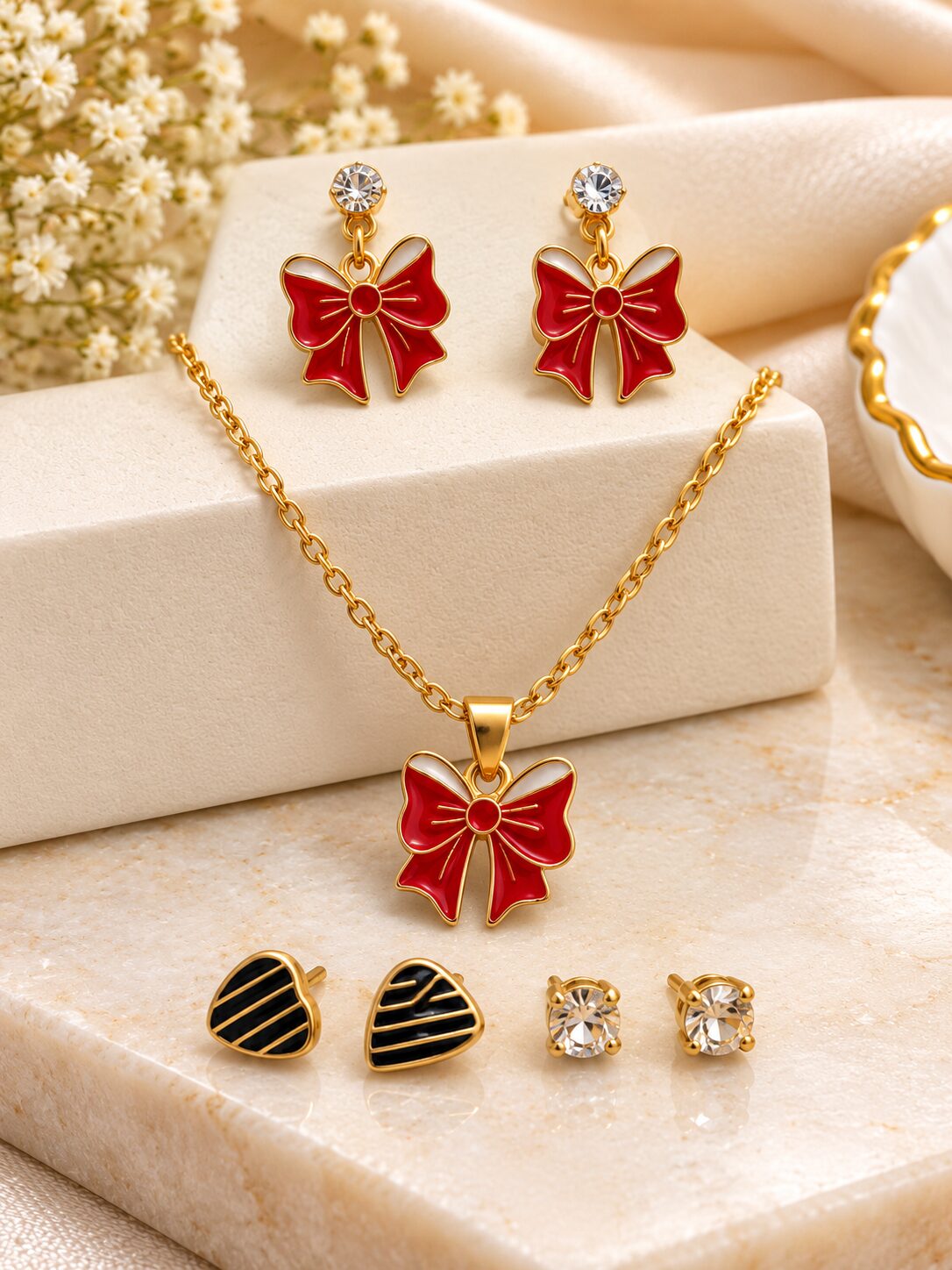 2026/09/1001797779.jpg Red Bow Pendant Necklace & Earrings Set | Gold-Tone Anti-Tarnish Jewellery Set - Image 1