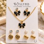 Black Bow Necklace & Earrings Set | Gold-Tone Anti-Tarnish Designer Jewellery Set