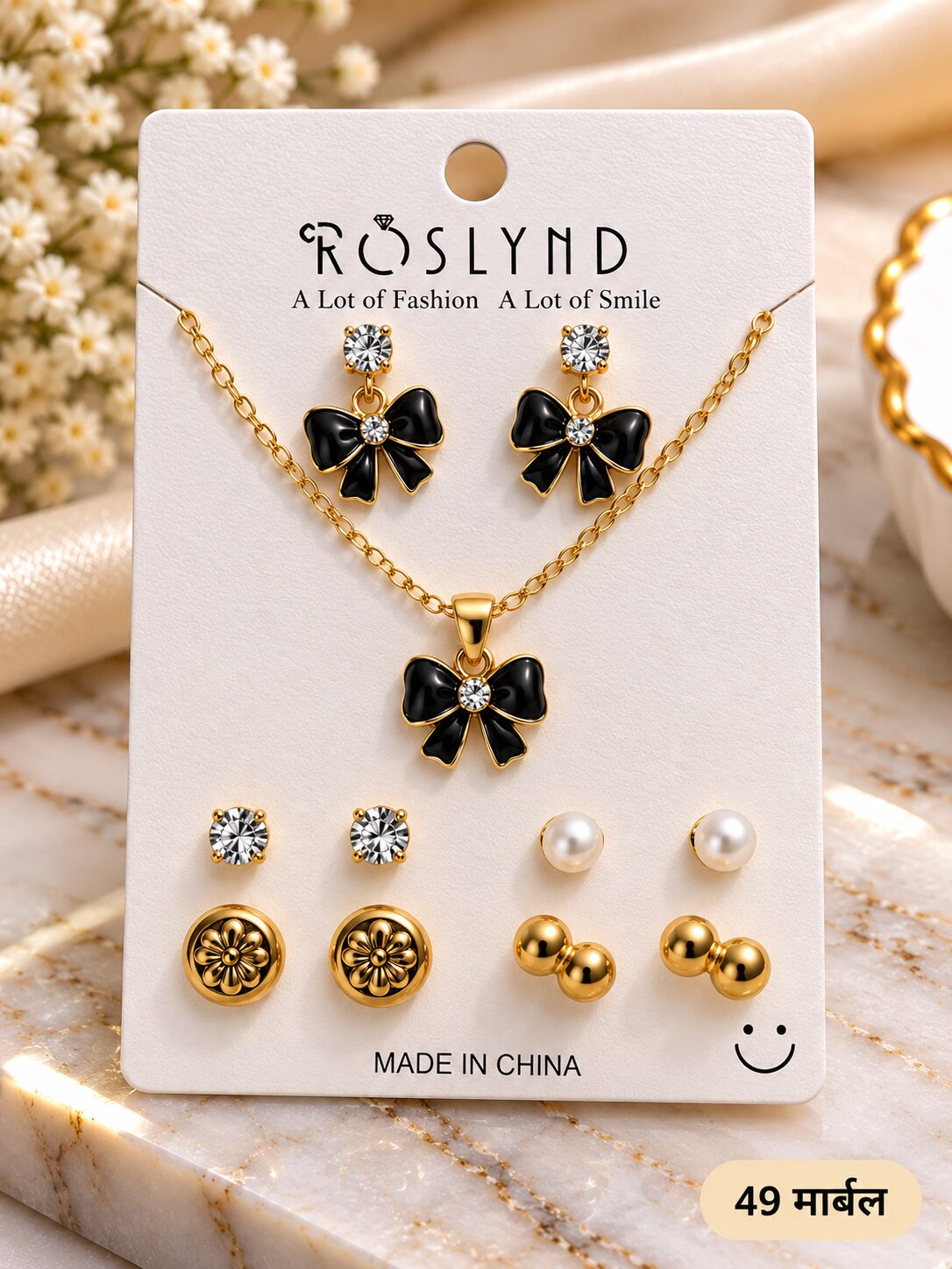 2026/09/1001797781.jpg Black Bow Necklace & Earrings Set | Gold-Tone Anti-Tarnish Designer Jewellery Set - Image 1