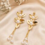 Elegant Golden Pearl Floral Drop Earrings