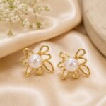 Elegant Golden Floral Pearl Stud Earrings