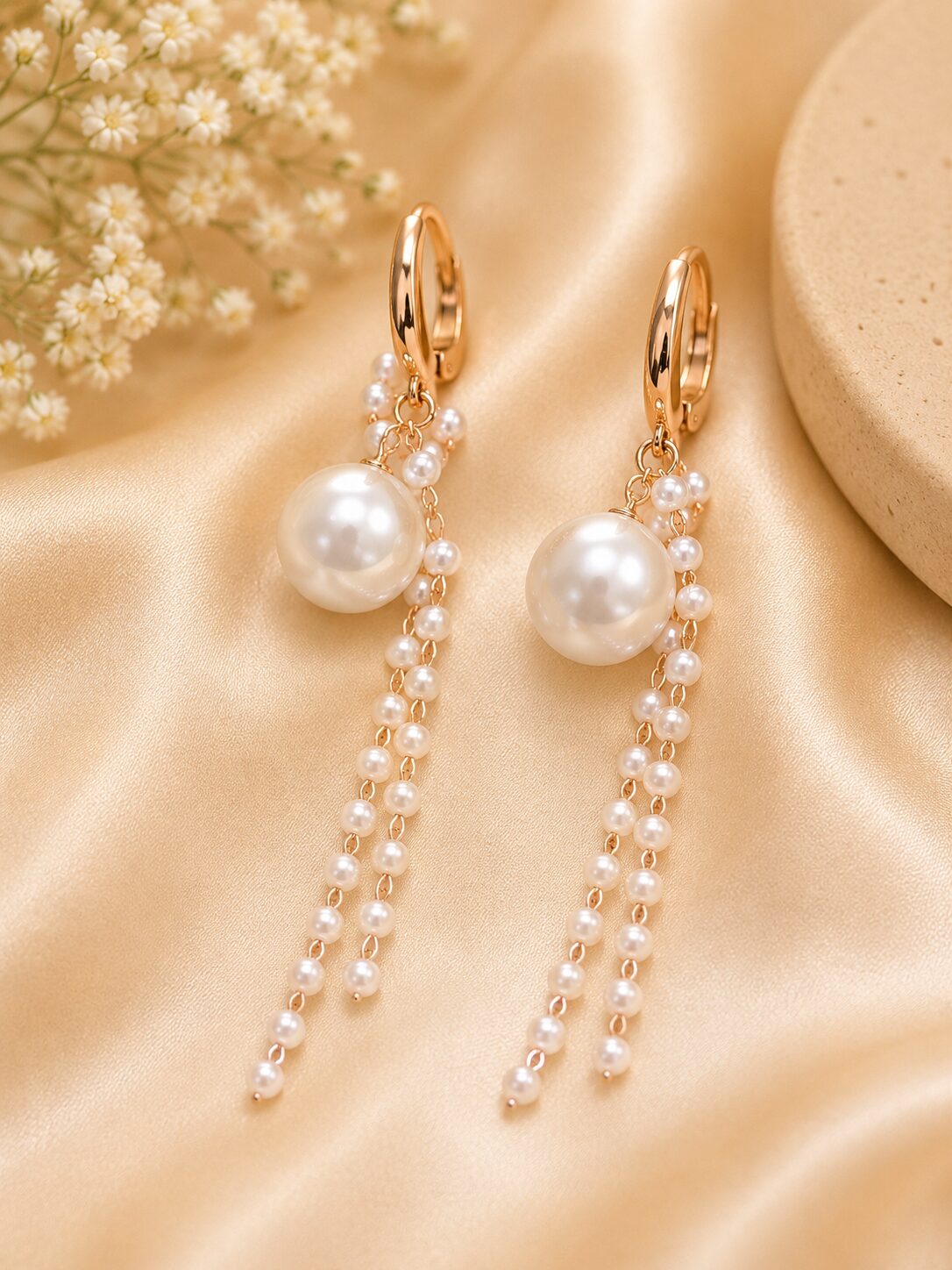 2026/09/1003579815.jpg Elegant Rose Gold Pearl Chain Drop Earrings - Image 1