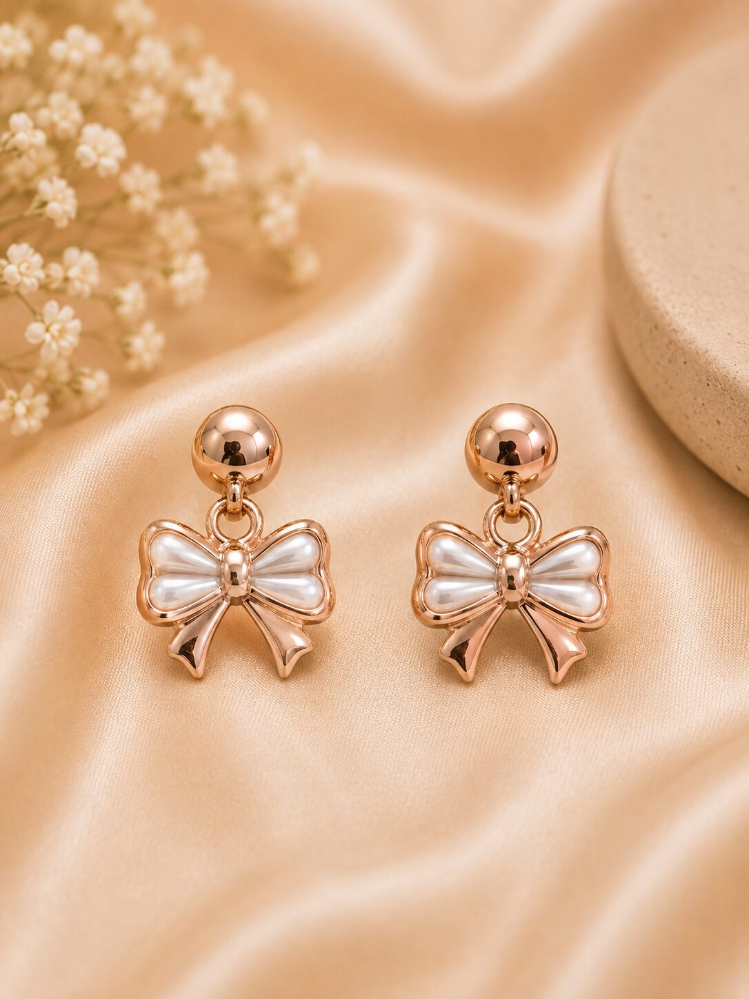 2026/09/1003579827.jpg Elegant Rose Gold Pearl Bow Earrings - Image 1