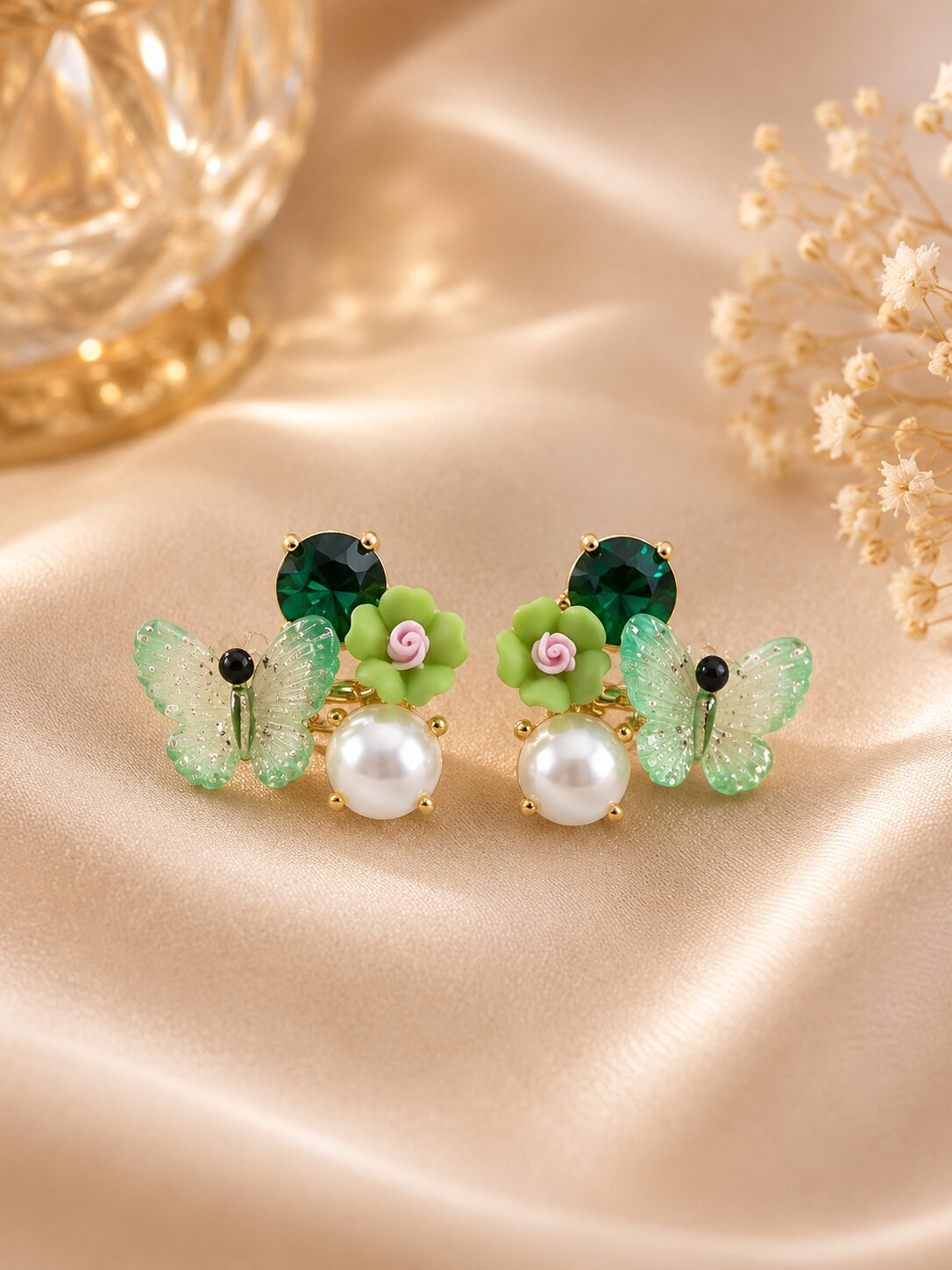 2026/09/1003579958.jpg Green Butterfly Pearl Stud Earrings 🦋💚✨ - Image 1