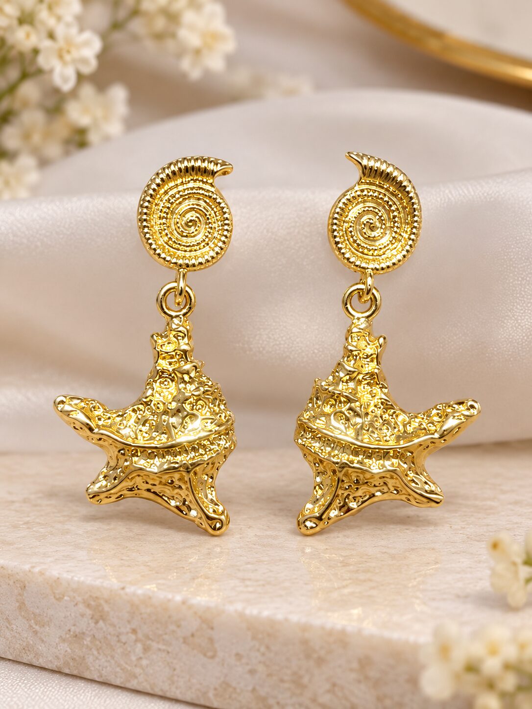 2026/09/1003580016.jpg Elegant Gold Spiral Starfish Drop Earrings - Image 1