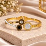 Elegant Gold Open Cuff Bangle with Crystal & Roman Numeral Detailing