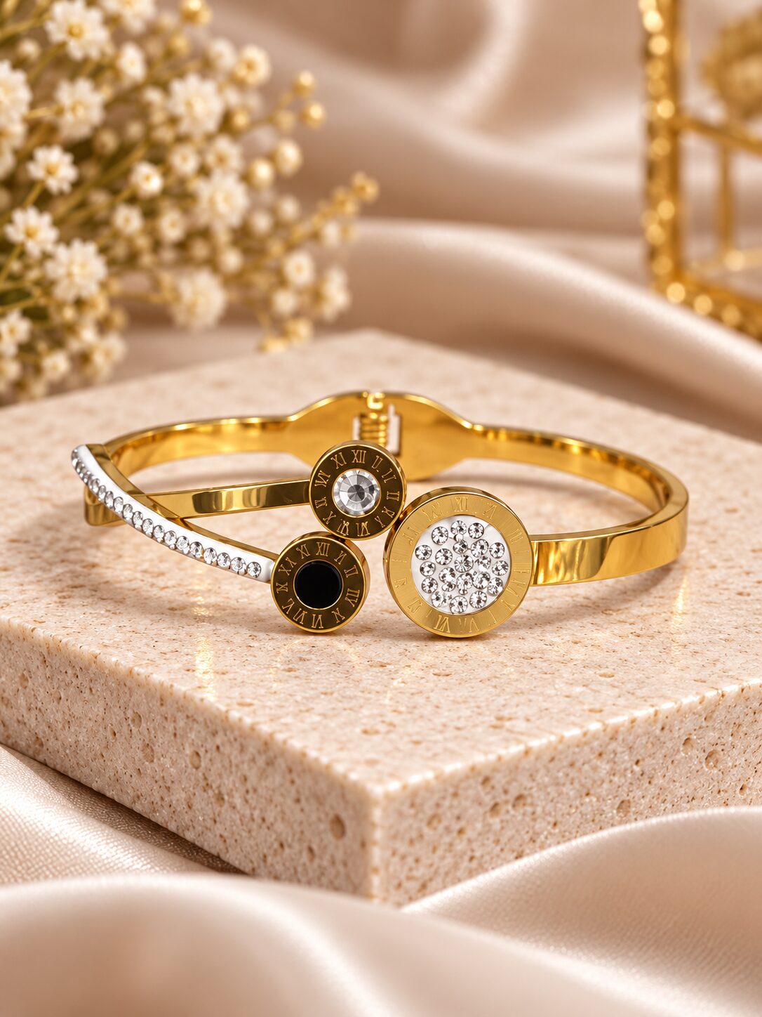 2026/09/1003580191.jpg Elegant Gold Open Cuff Bangle with Crystal & Roman Numeral Detailing - Image 1