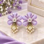 Elegant Lavender Floral Pearl Drop Earrings