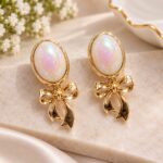 Elegant Gold Bow Drop Earrings with Opal Finish – Luxury Floral Jewelry