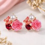 Elegant Pink Rose & Butterfly Pearl Earrings
