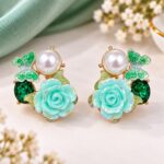 Elegant Mint Green Rose & Butterfly Pearl Earrings