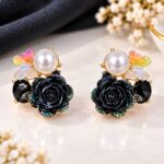 Elegant Black Rose & Pearl Butterfly Earrings