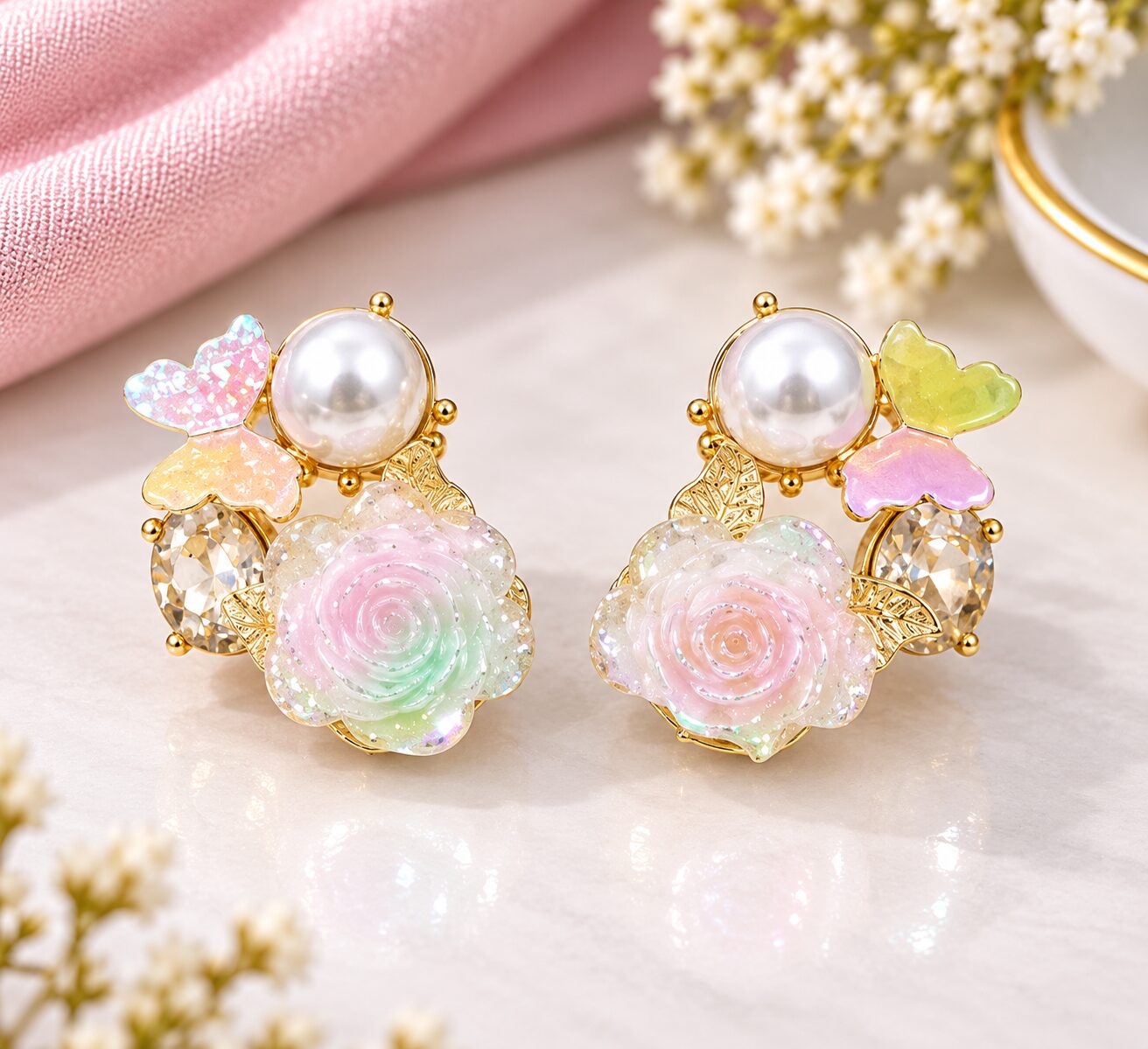 2026/09/1003580327.jpg Elegant Pastel Rose & Butterfly Pearl Earrings - Image 1