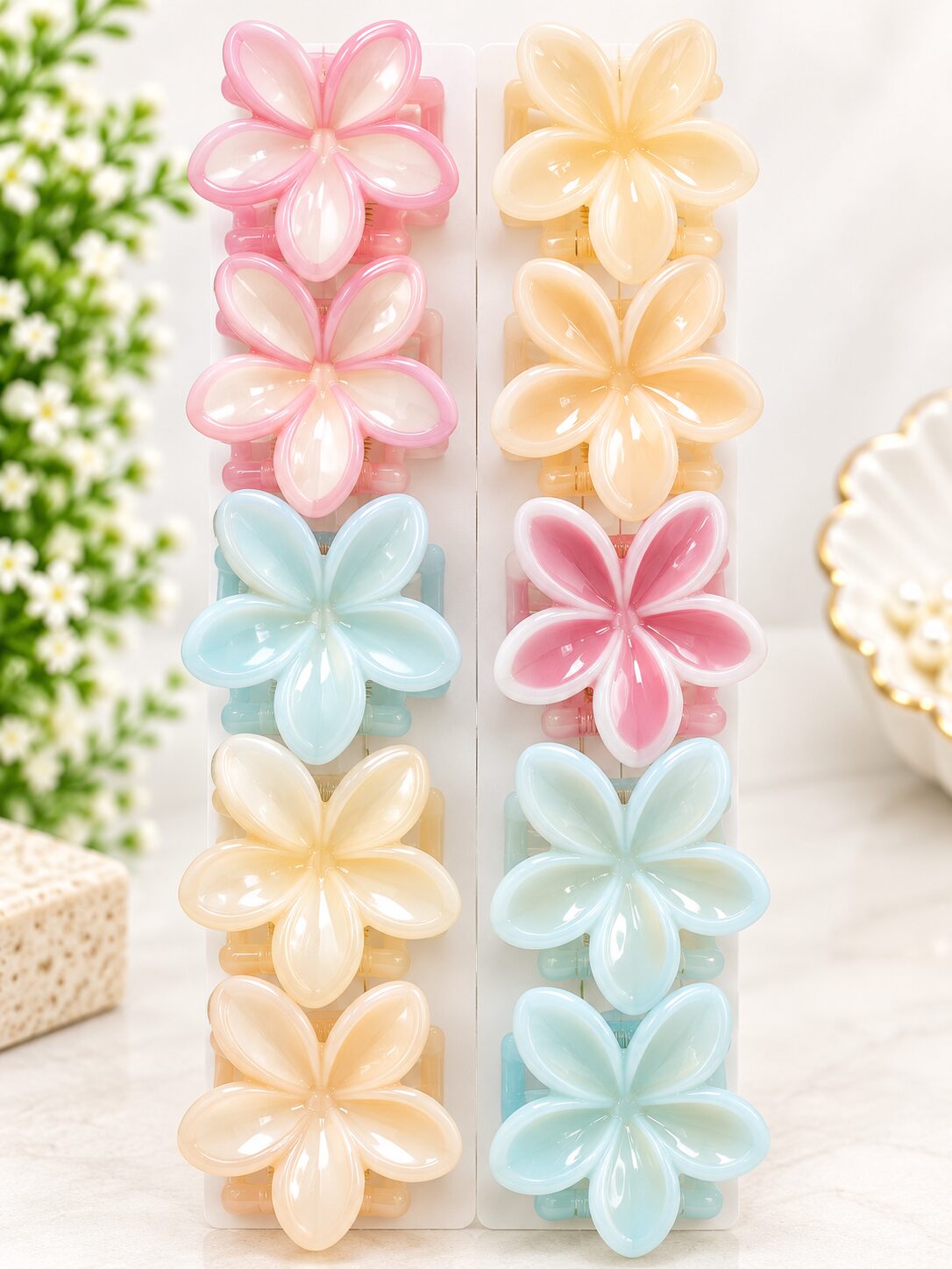 2026/09/1003580351.jpg Pastel Flower Hair Claw Clips – Glossy Floral Hair Accessories Set - Image 1