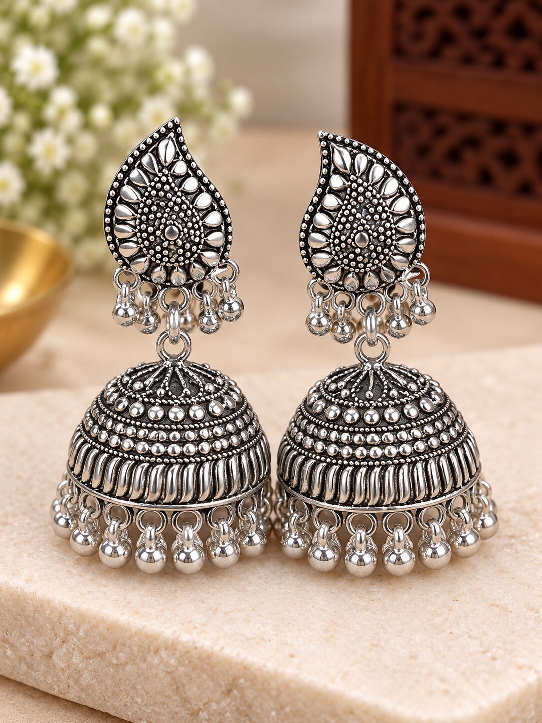 2026/09/1003580401.jpg Elegant Oxidized Silver Leaf Jhumka Earrings - Image 1