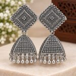 Elegant Oxidized Silver Geometric Jhumka Earrings
