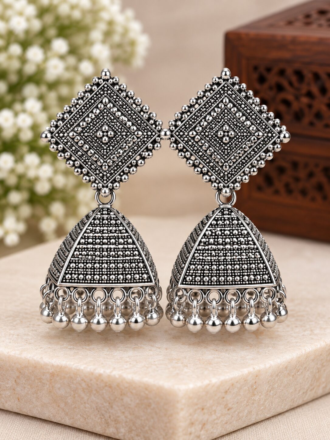 2026/09/1003580405.jpg Elegant Oxidized Silver Geometric Jhumka Earrings - Image 1